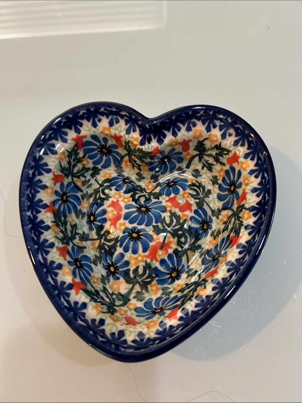 Hand-Painted Heart bowl mold  in Blue Floral Pattern Poland Polish Unikat